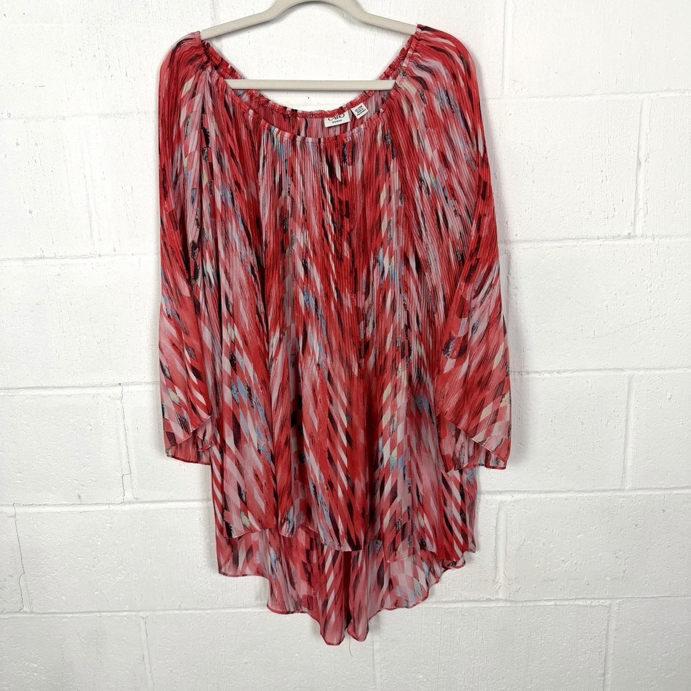 Cato‎ Pleated Flowy Top Red Hi-Lo Flare Sleeves Artsy Maximalist Fairy 22/24W